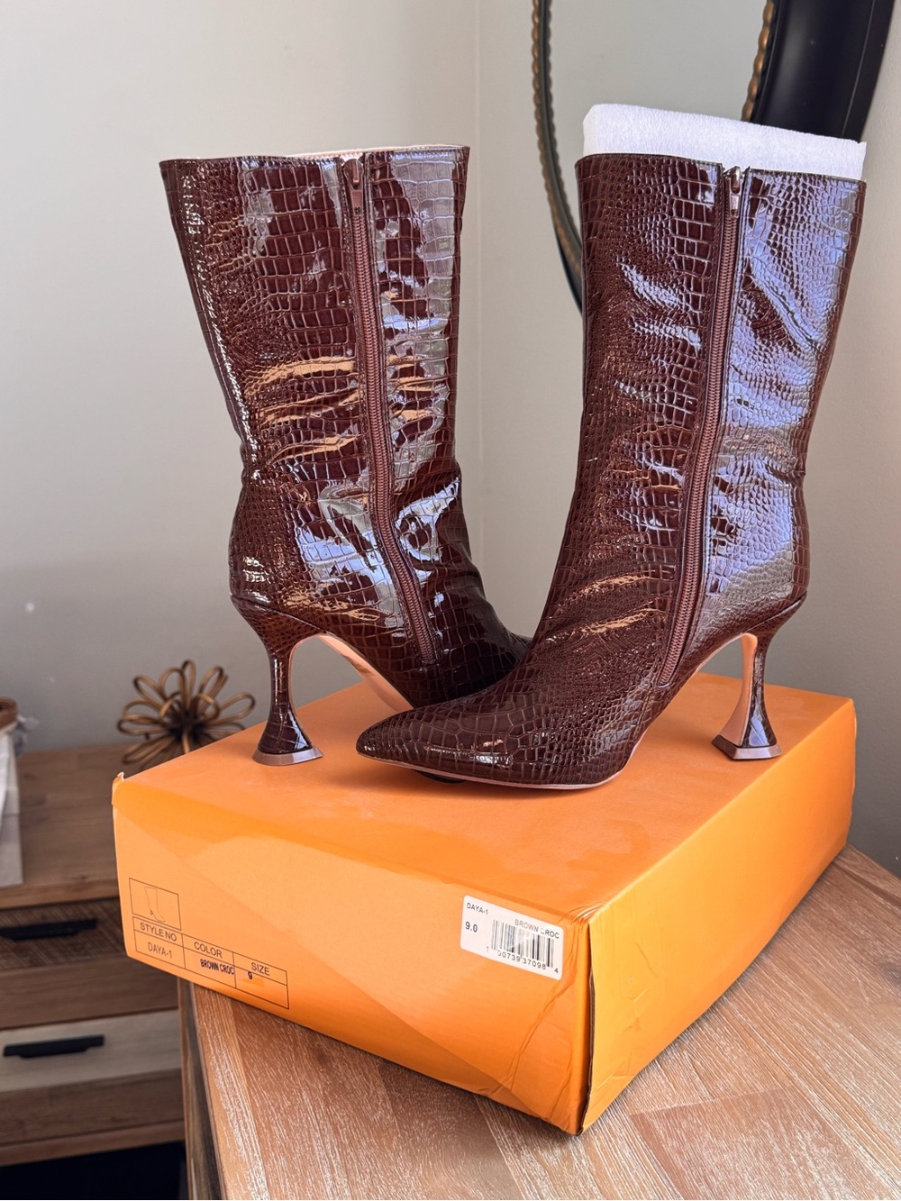 Croc-Embossed Pointed Toe Mid-Calf Heeled Boots in Dark Brown